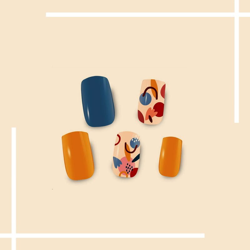Royal blue, copper brown and nude nail stickers with raindrops, abstract flower pattern, pink and red dots as decorations. Quick and easy application, waterproof, and cruelty-free nail decals. Achieve trendy salon-quality nails at home. Lasts up to 14 days. Safe, stylish, and convenient.